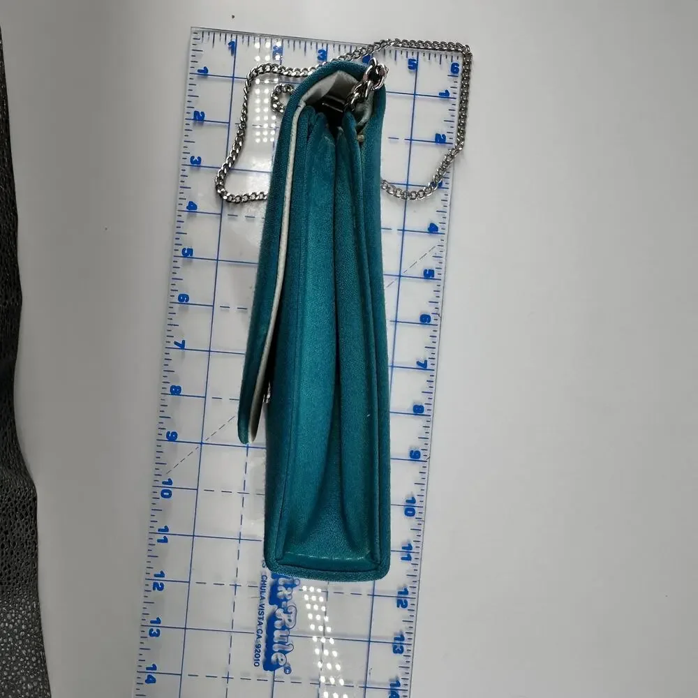 Vintage Dyeables Teal Satin Clutch Purse with Silver Chain Strap 10x5